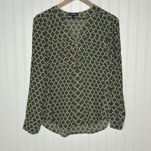 Express Women Olive Green Geometric Print Zip Neck Long Sleeve Blouse Medium